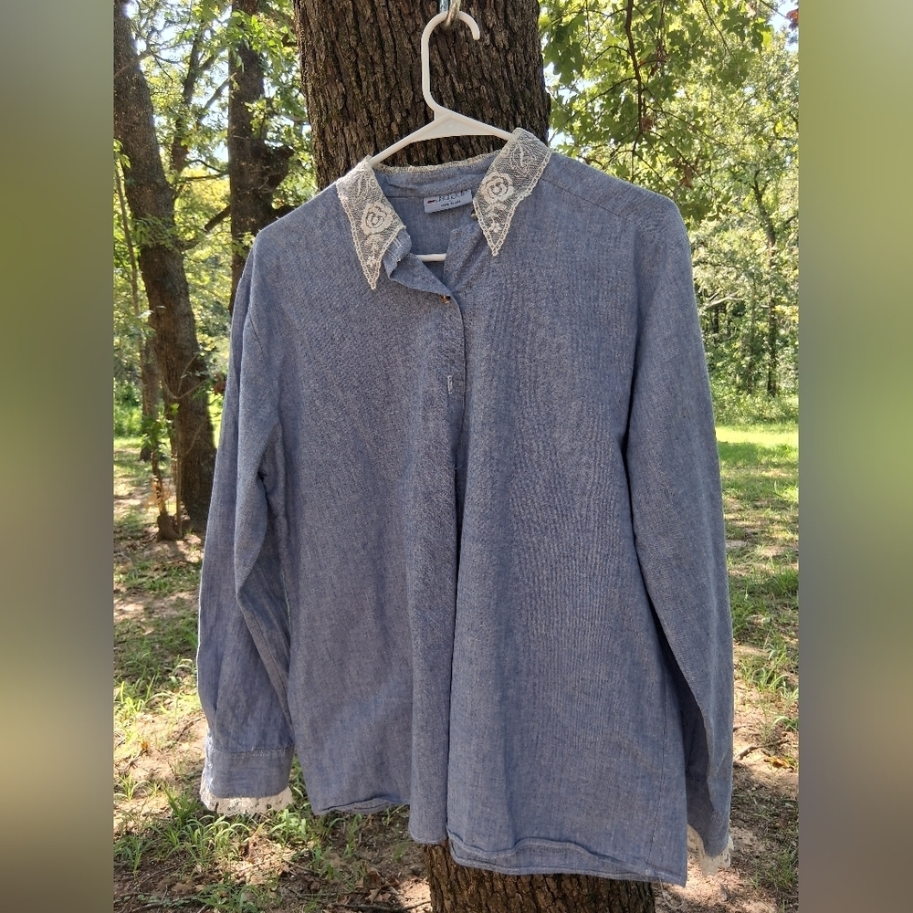 Sweetest Blue Button-Up Shirt with Lace Collar